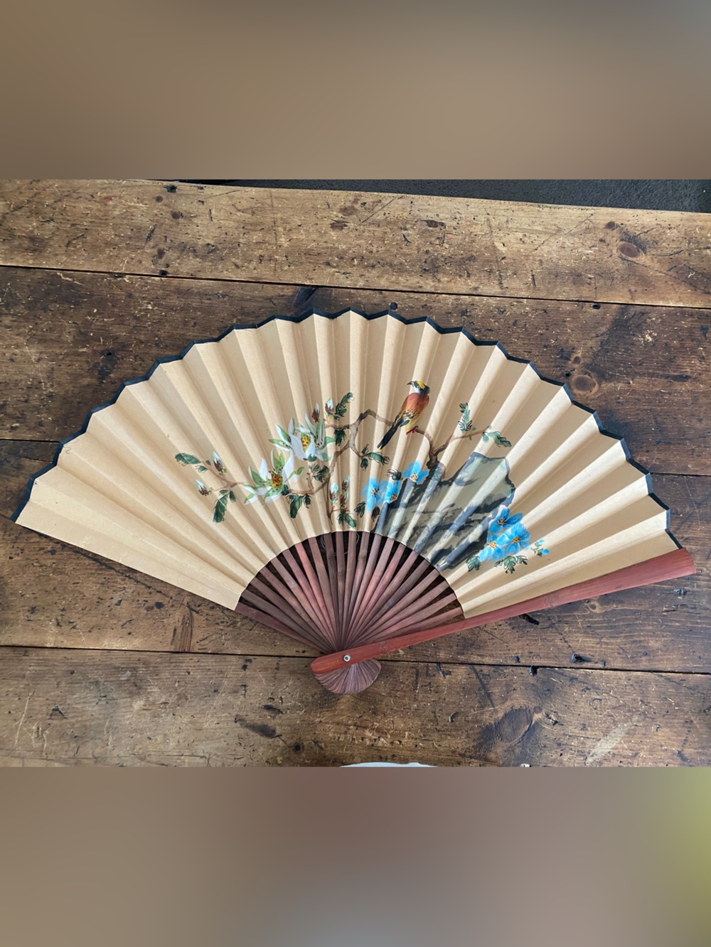 Vintage X-Large Asian Chinese Fan Wall Art Decor 34” x 19” Birds Flowers MCM